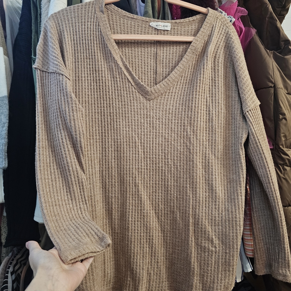 First Love Taupe Waffle-Knit V-Neck Sweater